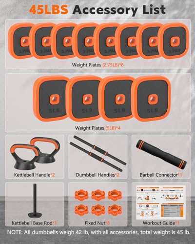 Rendpas Adjustable Dumbbell Set of 2 with Connector, 45/65/85 lbs Free Weights, 4-in-1 Barbell Kettlebell Push Up Stand Home Gym for Men Women
