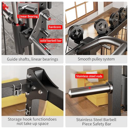 Multi-Purpose Squat Rack,Smith Machine Weight Rack Set with Cable Crossover System, Home Gym Power Racks, Power Racks and Packages - color: L05, size: Power cage Red+bench+(pole+Cast lron)338LBS