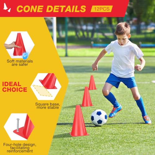 12pcs Cones 9 Inch Soccer Cones and Plastic Traffic Cones, Durable Cones for Sports Training, Ideal for Soccer, Basketball, Football, Skating, and Agility Drills Practice - color: red