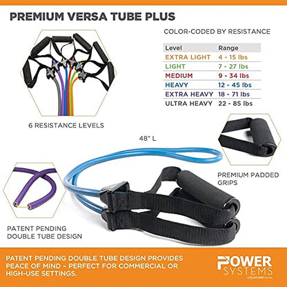 Power Systems Premium Versa-Tube Plus Double Tube Resistance Bands with Handles 48" Portable Latex Exercise Tubing, 6 Resistance Levels for Strength Training, Physical Therapy, Home Gym & Travel