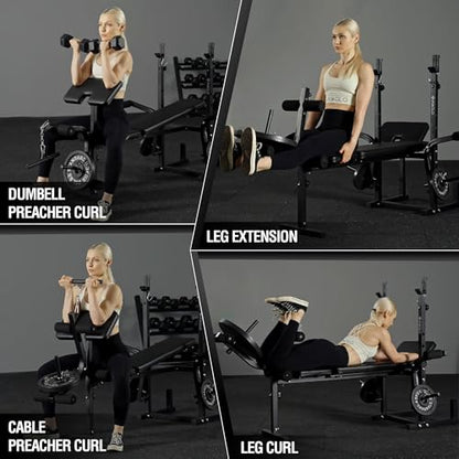Mikolo 8 in 1 Olympic Weight Bench Set with Leg Extension and Leg Curl, Multi-Function Bench Press Set with Preacher Curl Pad and Chest Fly, Full-Body Strength Training Equipment - color: Black