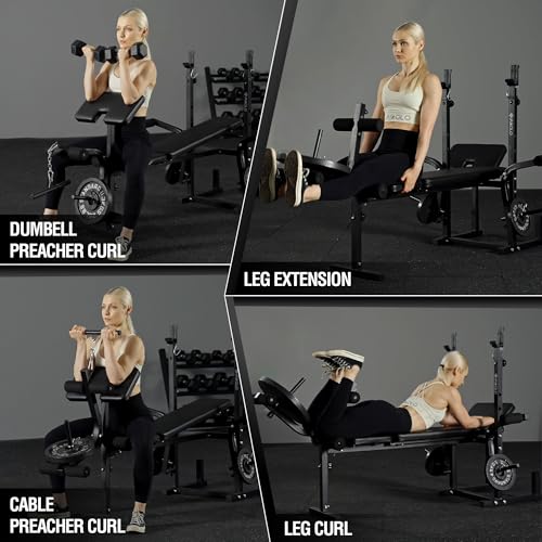 Mikolo 8 in 1 Olympic Weight Bench Set with Leg Extension and Leg Curl, Multi-Function Bench Press Set with Preacher Curl Pad and Chest Fly, Full-Body Strength Training Equipment - color: Black