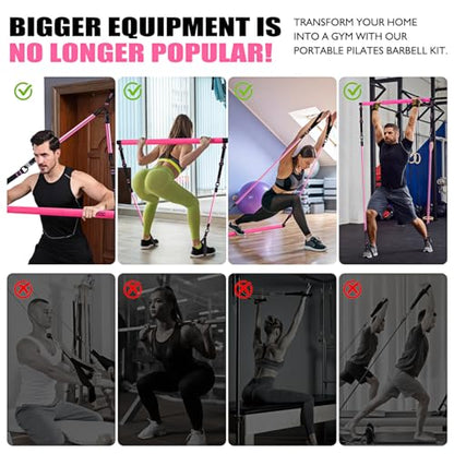 Pilates Bar Kit with Resistance Bands, Pilates Equipment, Multifunctional Pilates Bar for Women & Men, Pilates kit for Hip, Back, Arm, Full-Body Workouts, Home Gym Strength Training Equipment - style: Pink