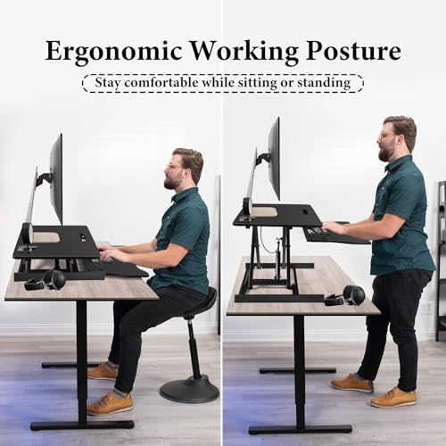 Adjustable Standing Desk Converter – 37" Wide, for Two Monitors with Keyboard Tray, Manual Gas Spring Sit Stand Desk Converter Lifts to 18.5", Black