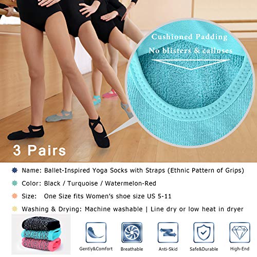 Ozaiic Pilates Socks for Women Non Slip Grip Yoga Barefoot Indoor Workout - color: 3 Pairs-black/ Watermelon Red/ Blue