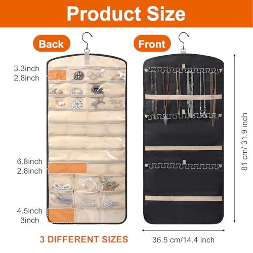 2 Pack Hanging Organizer Storage with 39 Pockets & 30 Hooks, Double Sided Wall Mount Jewelry Display for Earrings, Bracelets, Necklaces, Closet Door (Black, Large)
