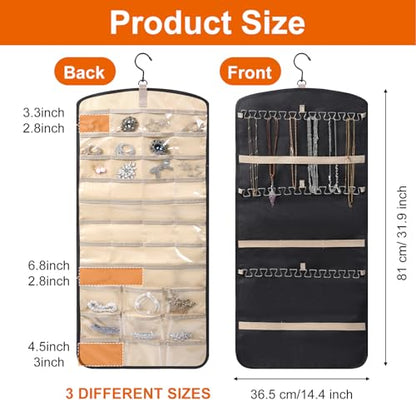 2 Pack Hanging Organizer Storage with 39 Pockets & 30 Hooks, Double Sided Wall Mount Jewelry Display for Earrings, Bracelets, Necklaces, Closet Door (Black, Large)