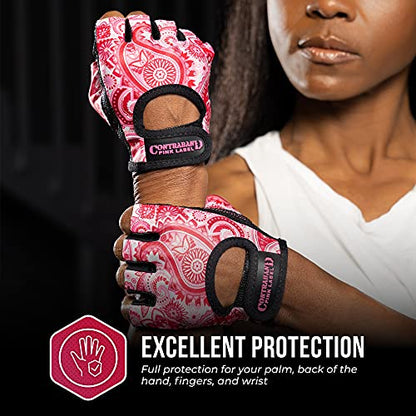 Contraband Pink Label 5387 Womens Design Series Paisley Print Lifting & Rowing Gloves (Pair) - Lightweight Vegan Medium Padded Microfiber Amara Leather w/Griplock Silicone