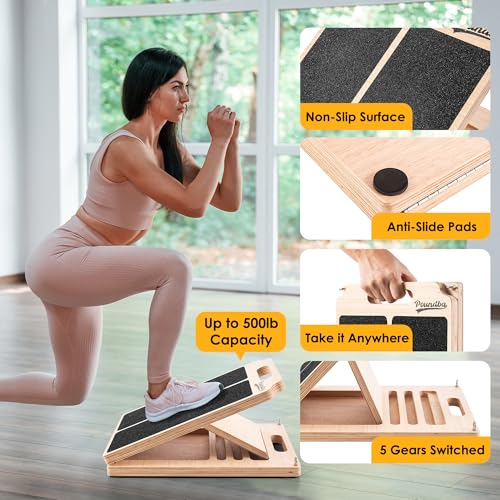 Wooden Slant Board for Calf Stretching, Adjustable Portable Incline Board with 10 - pound Pull Rope, Comes with Training Poster, 300 Lbs Weight Capacity for Leg, Knees and Ankle Stretching