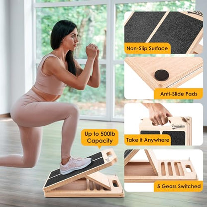 Wooden Slant Board for Calf Stretching, Adjustable Portable Incline Board with 10 - pound Pull Rope, Comes with Training Poster, 300 Lbs Weight Capacity for Leg, Knees and Ankle Stretching