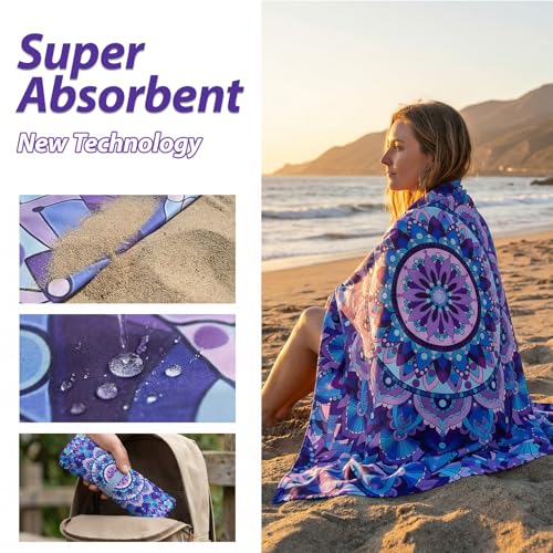 Microfiber Beach Towel, Quick Dry Travel Towel Large Sand Free Towel for Beach, Camping, Swim Pool, Gym, Sports& Yoga 71"x32", Tie Dye Mandala