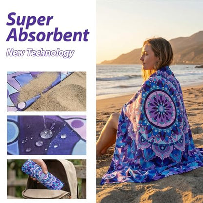 Microfiber Beach Towel, Quick Dry Travel Towel Large Sand Free Towel for Beach, Camping, Swim Pool, Gym, Sports& Yoga 71"x32", Tie Dye Mandala