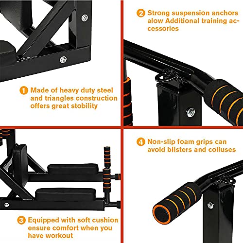 Wall Mounted Pull Up Bar - Heavy Duty Strength Training Fitness Equipment, Multifunctional Power Tower Dip Station Support to 550lbs