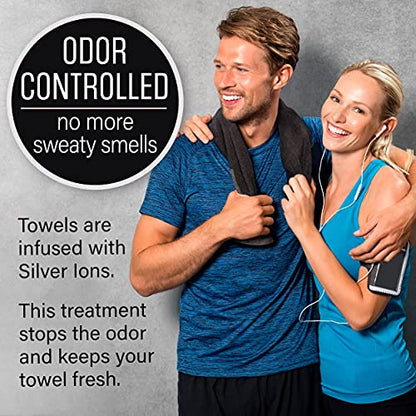 Black Organic Cotton Gym Towel for Men and Women - Silver Infused Sweat Towel, 500 GSM, 31.5"x15.75" - Soft Absorbent Workout Towel for Gym Yoga Sports, Exercise Towel