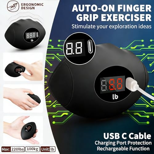 Hand Grip Strengthener, Rechargeable Digital Grip Strength Trainer with LCD Display Up to 220lbs/100kg, Silicone Hand Exercise Ball for Forearm Finger Training & Stress Relief, for Adults and Kids - color: Black