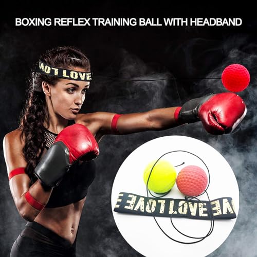 Boxing Reflex Ball with Headband Set, Reflex Ball with String, Boxing Reaction Training Equipment, Rubber red ball &Yellow tennis ball, Elasticated headband, for Beginner &Advanced Boxer Practice