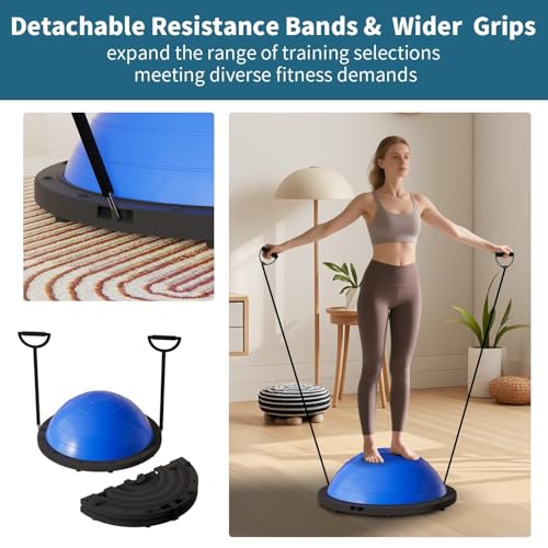 Vtory Foldable Balance Ball, Upgrate Half Ball Balance Trainer, 1300 lbs Capacity Stability Ball, 23.5 Inch Yoga Half Ball, with Resistance Band & Foot Pump, No-slip Blue Pink