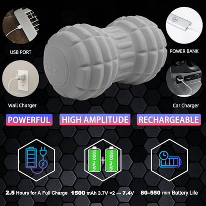 Vibrating Peanut Massage Ball - Silicone Trigger Point Roller for Back, Neck, Hip, Legs & Foot, Deep Tissue Mobility Ball - 7.9-Inch Double Textured Muscle Roller (Gray) - color: Grey