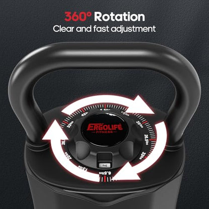 ERGOLIFE 6.5LB-40LB Adjustable Kettlebell Set, 6-in-1 Quick Weight Change, Space-Saving Weight Set for Home Gym Strength Training for Men and Women (Black)