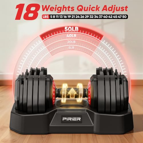 PIRIER Adjustable Dumbbell Set 50LB, 18-in-1 Free Weight Adjustable Dumbbells, One-Hand Twist Adjust, Space-Saving Design, Home Gym Strength Training Equipment for Men & Women