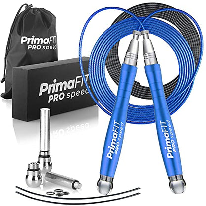 Jump Rope Pro Speed Skipping Rope Adjustable Adult Jumping Rope Weighted Aluminium Handles for Double Dutch Boxing Workout Crossfit Exercise Fitness Spare Cable Weights Protectors Carry Bag - color: Blue