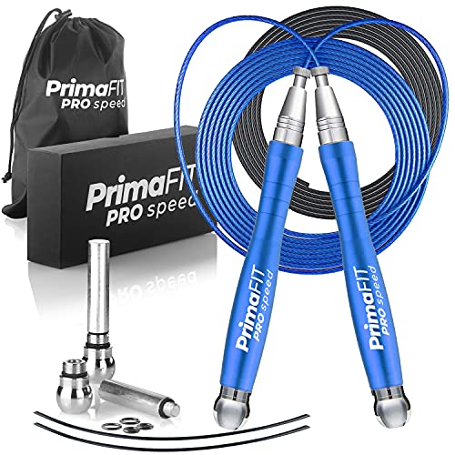 Jump Rope Pro Speed Skipping Rope Adjustable Adult Jumping Rope Weighted Aluminium Handles for Double Dutch Boxing Workout Crossfit Exercise Fitness Spare Cable Weights Protectors Carry Bag - color: Blue