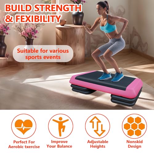 43" Aerobic Exercise Step Platform, Adjustable Aerobic Steppers with 4 Stackable Risers, Workout Stepper & Fitness Stepper for Home Gym Cardio Strength Training, Easy Storage, 550 LBS Capacity ﻿