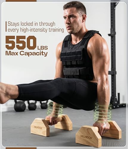 Parallettes Push Up Bar, Oak Calisthenics Equipment for Handstand Training, Wooden Push-Up Stand Handles with Non-Slip Base for Core & Upper Body Strength Training, 550 lbs Capacity