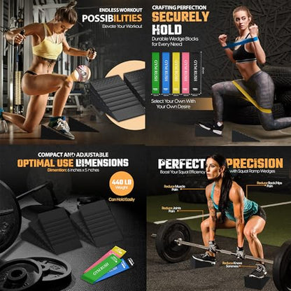 GYMRUSH Squat Wedge Block 6PCS, Resistance Bands 5PCS, Adjustable Non-slip Rubber Squat Ramp, Weight Lifting, Deadlift, Calf stretcher, Slant board, Improve Mobility Balance and Strengthen Performance