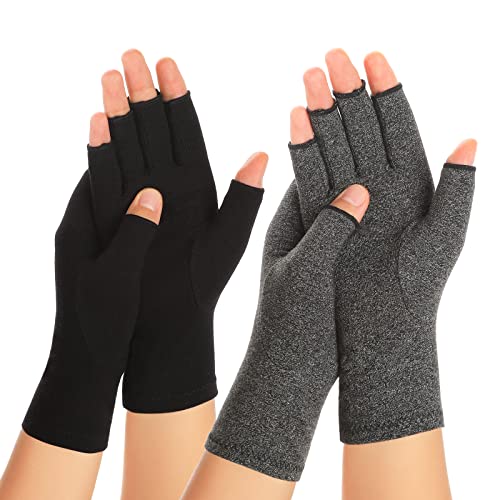 Zexhoor 2 Pairs Arthritis Compression Gloves for Women Men, Carpal Tunnel Pain Relief, Fingerless for Typing Both Hands - color: Black1+grey1, size: Small