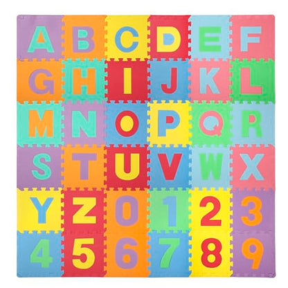 Easy Playhouse Soft Foam Floor Puzzle Tiles for Children, Non-Toxic EVA 36 Interlocking Foam Tiles with 24 Borders for Playroom, Nursery or Gym, Numbers and Letters