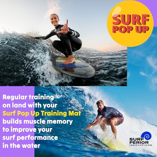 Surf Pop Up Fitness Mat, Ultra lightweight Travel Mat with Surfboard Design, Training tool for Surfers, Hand and Foot Positioning Guides to improve stance, QR code video link with Pop Up tips included on packaging - color: Blue And White