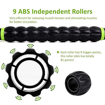 Sportneer Muscle Roller Stick - Massage Stick for Athletes - Reducing Soreness and Muscle Strain, Soothing Legs Cramps - Physical Therapy & Body Recovery - Black Green