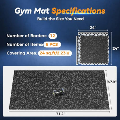 SUPERJARE 1" Extra-Thick Rubber Top Exercise Mat, Gym Flooring for Home Gym - size: 6 Tiles (24 Sq Ft)