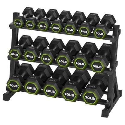 HANDBODE Hex Dumbbell Set with Rack, 300-840 lb Rubber Coated Fixed Weights Sets with Heavy Duty Storage Stand, Hexagon Shape, Multiple Weight Options Home Gym Equipment for Strength Training - style: 690 lb Set (15-70 lb) with Rack