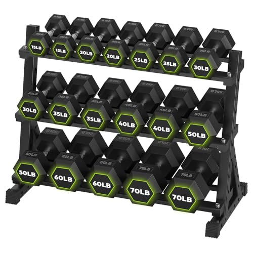 HANDBODE Hex Dumbbell Set with Rack, 300-840 lb Rubber Coated Fixed Weights Sets with Heavy Duty Storage Stand, Hexagon Shape, Multiple Weight Options Home Gym Equipment for Strength Training - style: 690 lb Set (15-70 lb) with Rack