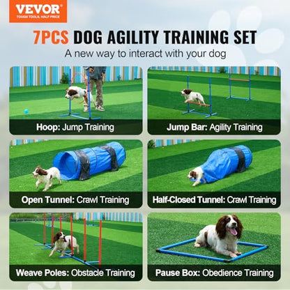 VEVOR Dog Agility Training Equipment, 13pcs Dog Agility Course Backyard Set, 2 Tunnels with Sandbags,Adjustable Hurdles,Weave Poles,Jump Ring,Pause Box, Puppy Obstacle Course Kit with Storage Bag - size: 13 Pcs Set