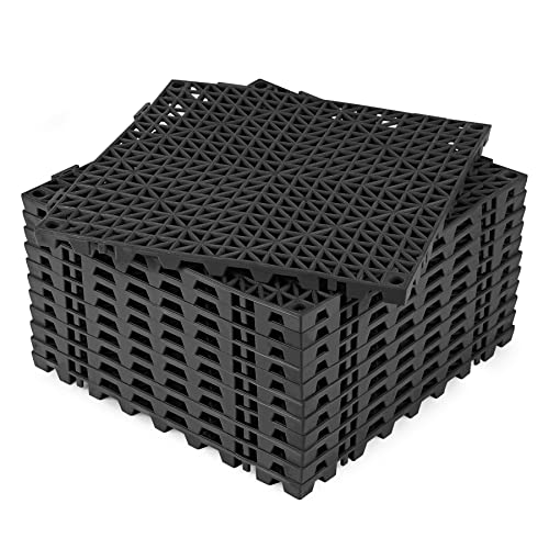 Modular Interlocking Cushion 12P 11.8" x 11.8" Interlocking Rubber Floor Drain Holes Non-Slip Splicing Drainage Mats for Deck, Shower, Kitchen, Drain Pool, Sauna Bath, Indoor Outdoor (Black)