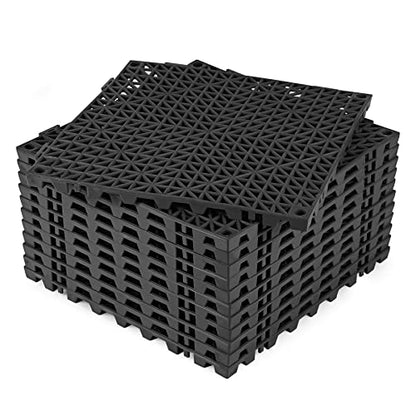 Modular Interlocking Cushion 12P 11.8" x 11.8" Interlocking Rubber Floor Drain Holes Non-Slip Splicing Drainage Mats for Deck, Shower, Kitchen, Drain Pool, Sauna Bath, Indoor Outdoor (Black)
