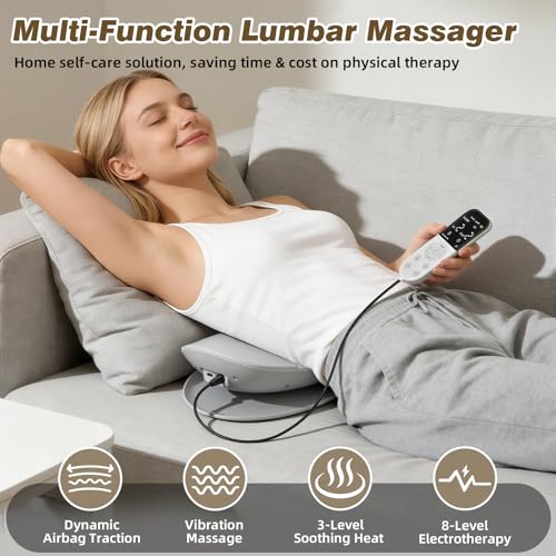 Lower Back Massager, Upgraded 4-in-1 Lumbar Traction Device with Heat, Electrotherapy, Vibration, Design to Support Lower Back & Sciatica Pain Relief for Home Use