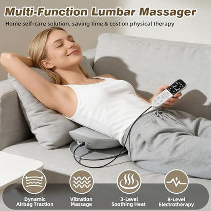 Lower Back Massager, Upgraded 4-in-1 Lumbar Traction Device with Heat, Electrotherapy, Vibration, Design to Support Lower Back & Sciatica Pain Relief for Home Use
