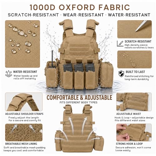 Tactical Vest for Airsoft & Paintball, Adjustable MOLLE Plate Carrier with Patch Panels for Hunting & Outdoor Training - color: Tan