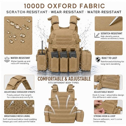 Tactical Vest for Airsoft & Paintball, Adjustable MOLLE Plate Carrier with Patch Panels for Hunting & Outdoor Training - color: Tan