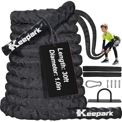 Battle Ropes for Home Gym 1 Inch Diameter 30FT Length Workout Rope Exercise Rope Training Ropes with Protective Sleeve for Kids Men Women Exercise Fitness & Strength Training - style: 1IN -30FT