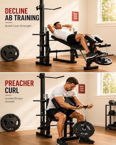Garvee 8 in 1 Olympic Weight Bench Set with Leg Extension & Curl, Adjustable Bench Press Set with Rack, Preacher Curl Pad, Chest Fly，Lat Pulldown, Multi-Function Home Gym Strength Training Equipment