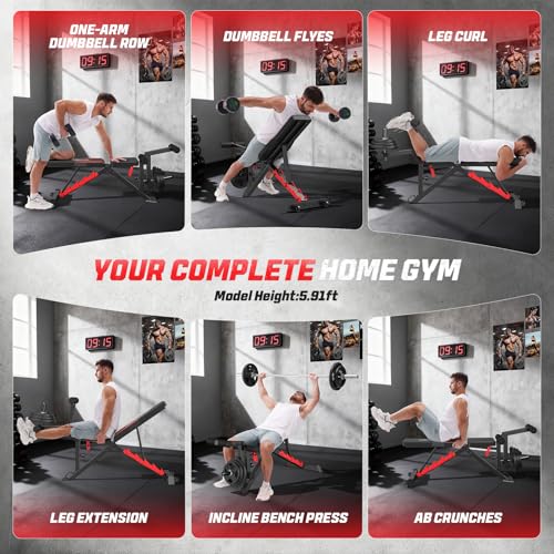 OPPSDECOR 1200LBS Weight Bench with Wide-Range Leg Extension & Curl (Full ROM), Adjustable Workout Bench Press with Wheels & Handle, Incline/Flat Weight Bench for Home Gym Strength Training