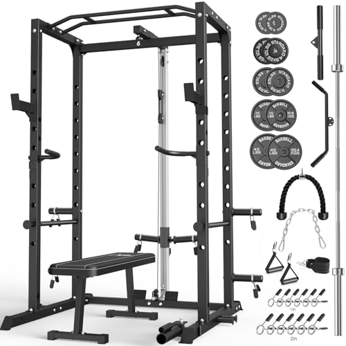 Power Cage, Multi-Functional Power Rack with J-Hooks, Dip Handles, Landmine Attachment and Optional Cable Pulley System for Home Gym - size: 240LB Weights Package black+Flat Bench