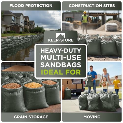Heavy Duty Sand Bags Pack of 3, Army Green Empty Sandbags with Built-In Ties, Woven Polypropylene UV Protection 1600 Hours, Fillable Sand Bags for Flood Control, Weight, 10x14 inches, 15 Pounds Volume - size: 10"W x 14"L, style: Pack of 3