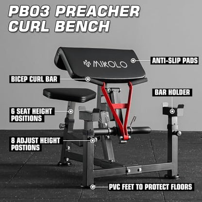 Mikolo Preacher Curl Bench, Plate Loaded Bicep Curl Machine, Bicep Workout Equipment，2 in 1 Arm Training Machine for Home Gym