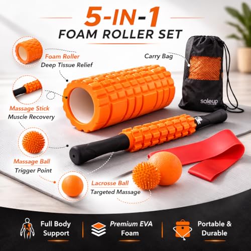 5 in1 Foam Roller Set, Trigger Point Foam Roller, Massage Roller Stick, Massage Ball, Resistance Band for Deep Muscle Massage Pilates Yoga,Fitness Exercise for Whole Body